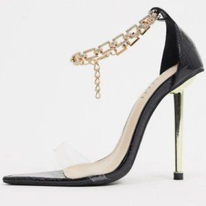 Black clear rhinestone ankle heels